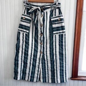 Linen Cottage Core Striped Button Front Midi Spring Skirt Women’s Medium